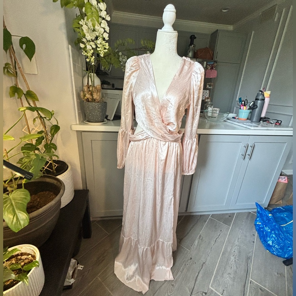 RAHI Anthropologie  Leila Luster Long Sleeve Midi Dress in Champagne